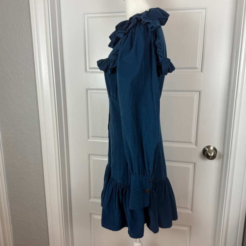 Thierry Colson blue corduroy long sleeve ruffle dress size Small - Picture 6 of 10